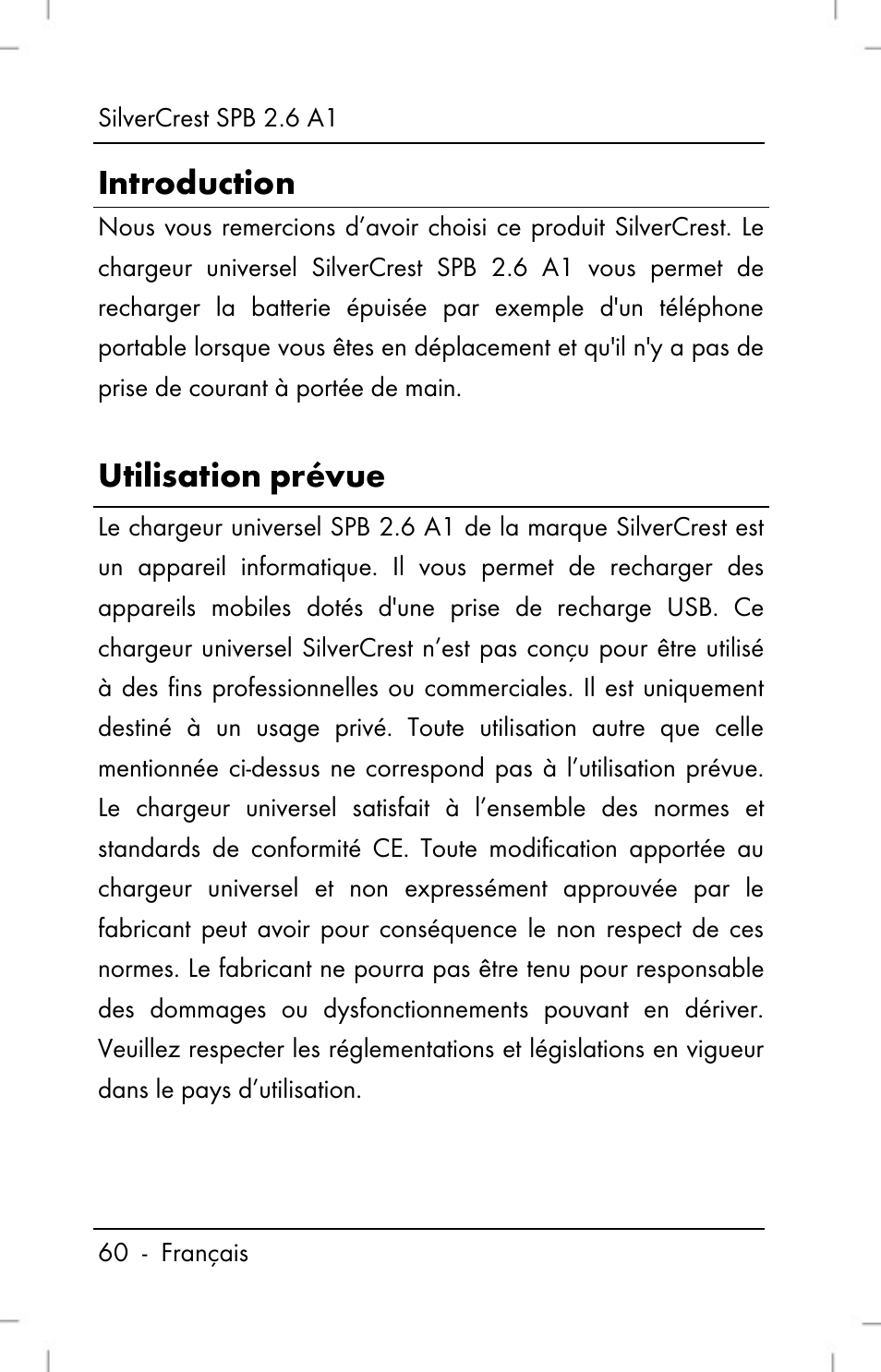 Introduction, Utilisation prévue | Silvercrest SPB 2.6 A1 User Manual | Page 62 / 108