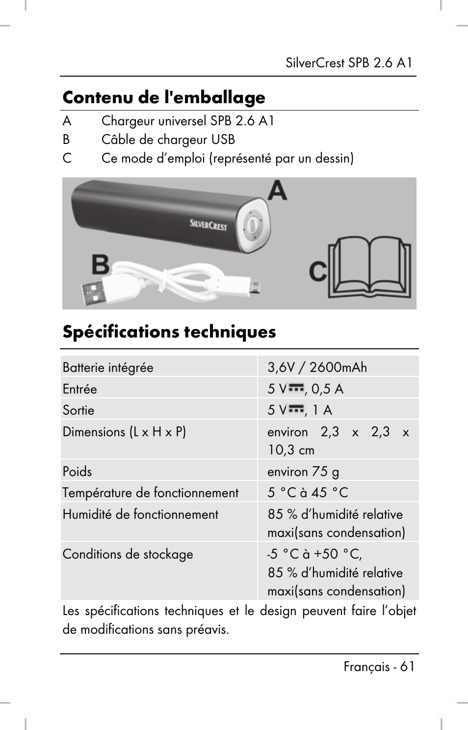Contenu de l'emballage, Spécifications techniques | Silvercrest SPB 2.6 A1 User Manual | Page 63 / 108