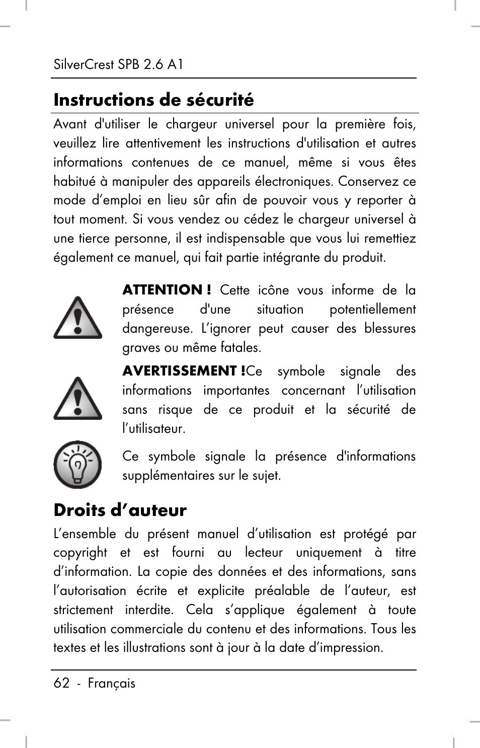 Instructions de sécurité, Droits d’auteur | Silvercrest SPB 2.6 A1 User Manual | Page 64 / 108