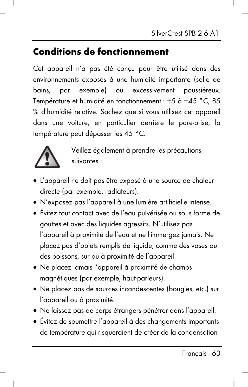 Conditions de fonctionnement | Silvercrest SPB 2.6 A1 User Manual | Page 65 / 108