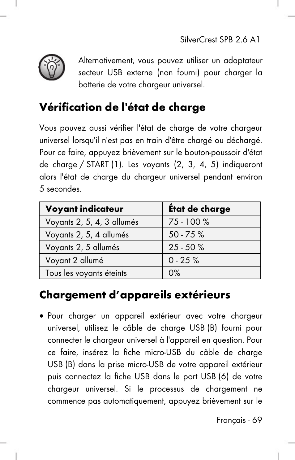 Vérification de l'état de charge, Chargement d’appareils extérieurs | Silvercrest SPB 2.6 A1 User Manual | Page 71 / 108
