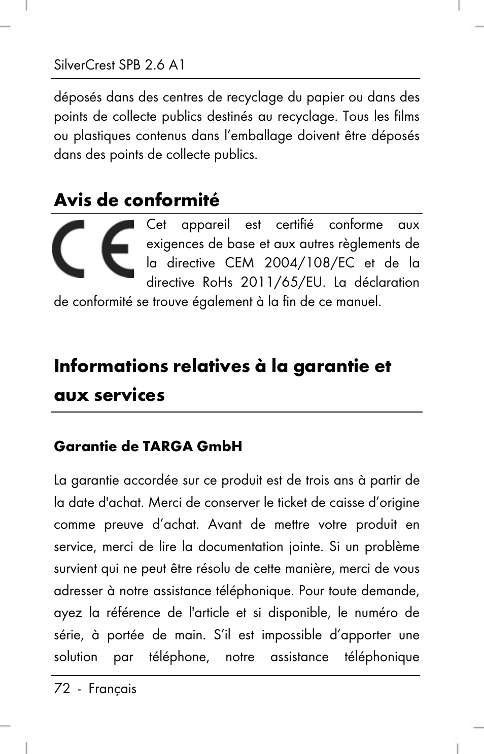 Avis de conformité | Silvercrest SPB 2.6 A1 User Manual | Page 74 / 108