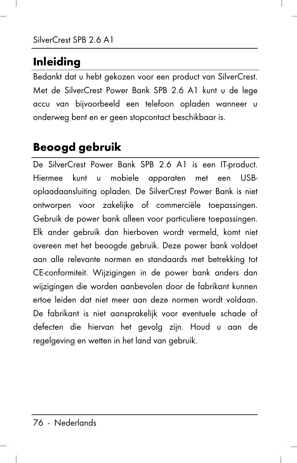 Inleiding, Beoogd gebruik | Silvercrest SPB 2.6 A1 User Manual | Page 78 / 108