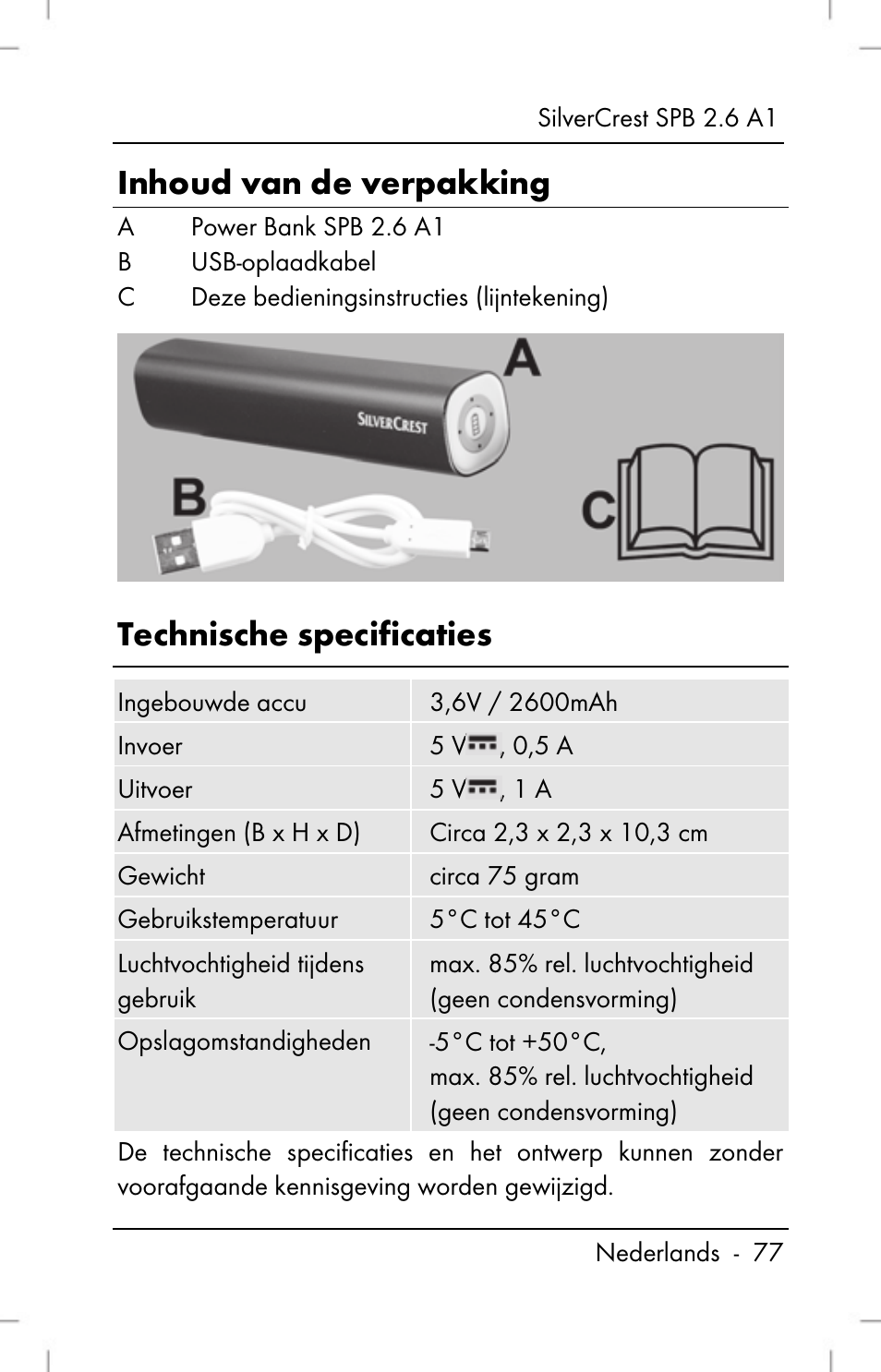 Inhoud van de verpakking, Technische specificaties | Silvercrest SPB 2.6 A1 User Manual | Page 79 / 108