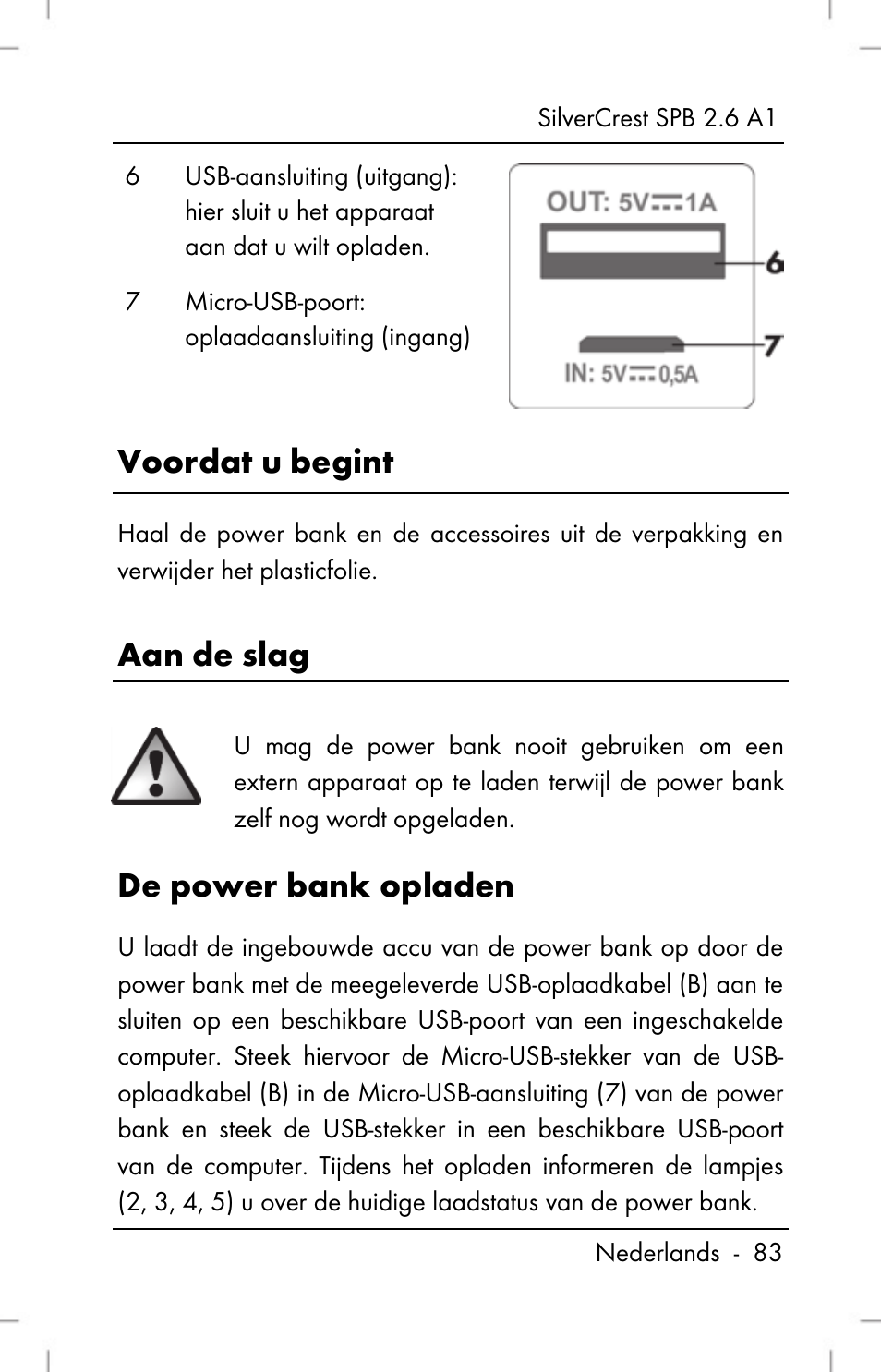 Voordat u begint, Aan de slag, De power bank opladen | Silvercrest SPB 2.6 A1 User Manual | Page 85 / 108