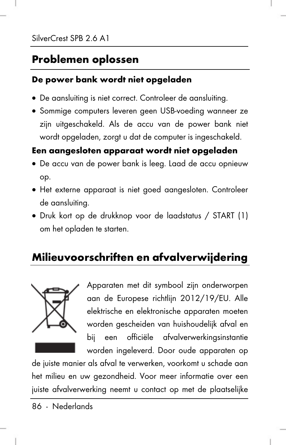 Problemen oplossen, Milieuvoorschriften en afvalverwijdering | Silvercrest SPB 2.6 A1 User Manual | Page 88 / 108