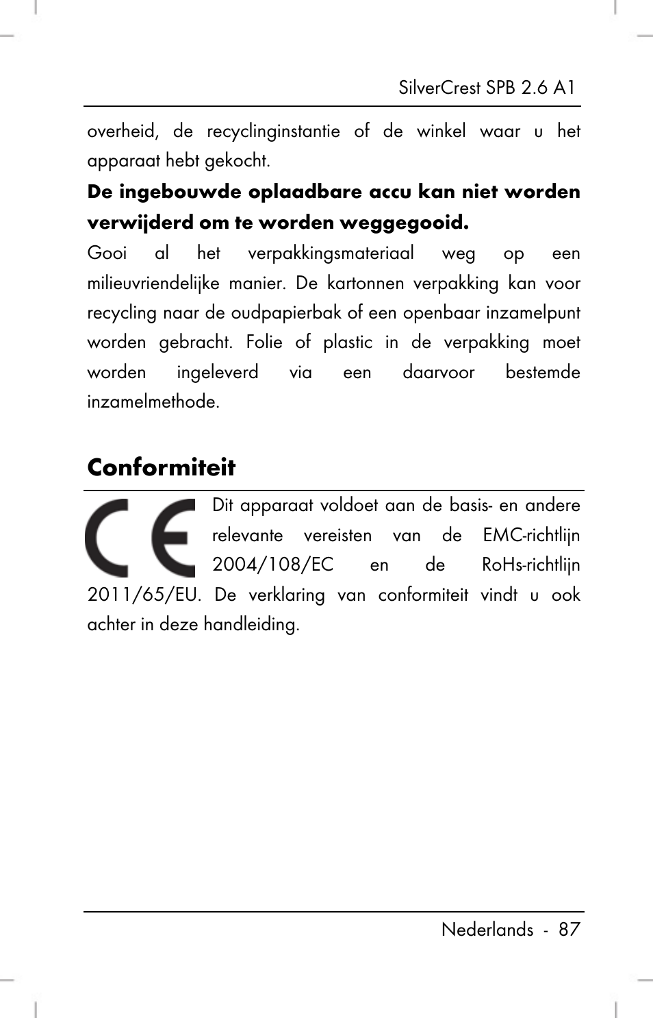 Conformiteit | Silvercrest SPB 2.6 A1 User Manual | Page 89 / 108