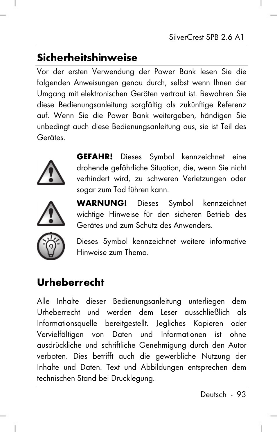 Sicherheitshinweise, Urheberrecht | Silvercrest SPB 2.6 A1 User Manual | Page 95 / 108