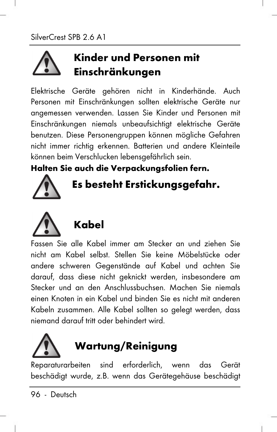 Kinder und personen mit einschränkungen, Es besteht erstickungsgefahr, Kabel | Wartung/reinigung | Silvercrest SPB 2.6 A1 User Manual | Page 98 / 108