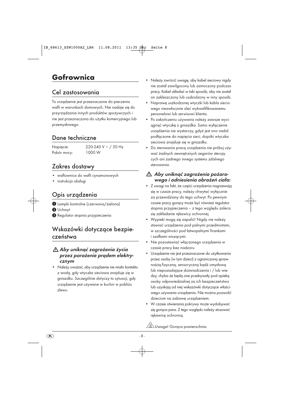 Gofrownica, Cel zastosowania, Dane techniczne | Zakres dostawy, Opis urządzenia, Wskazówki dotyczące bezpie- czeństwa | Silvercrest SZW 1000 A2 User Manual | Page 10 / 44