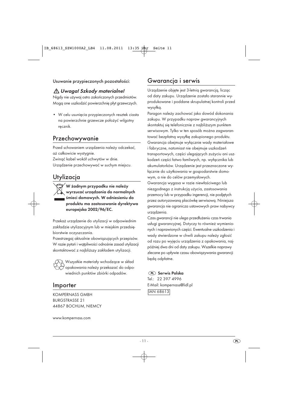 Przechowywanie, Utylizacja, Importer | Gwarancja i serwis | Silvercrest SZW 1000 A2 User Manual | Page 13 / 44