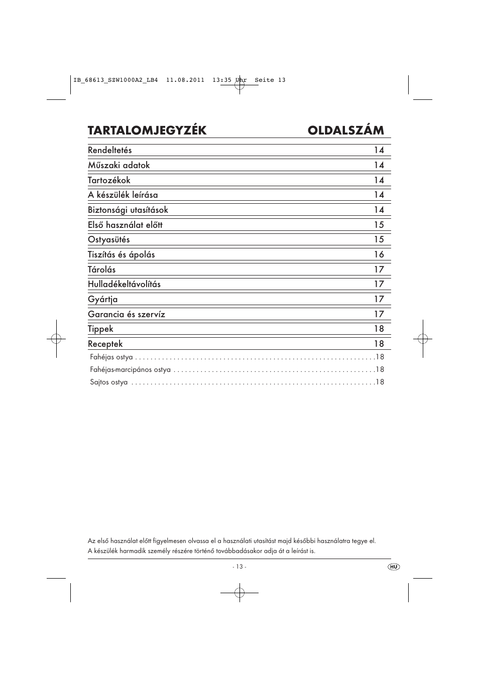 Tartalomjegyzék oldalszám | Silvercrest SZW 1000 A2 User Manual | Page 15 / 44