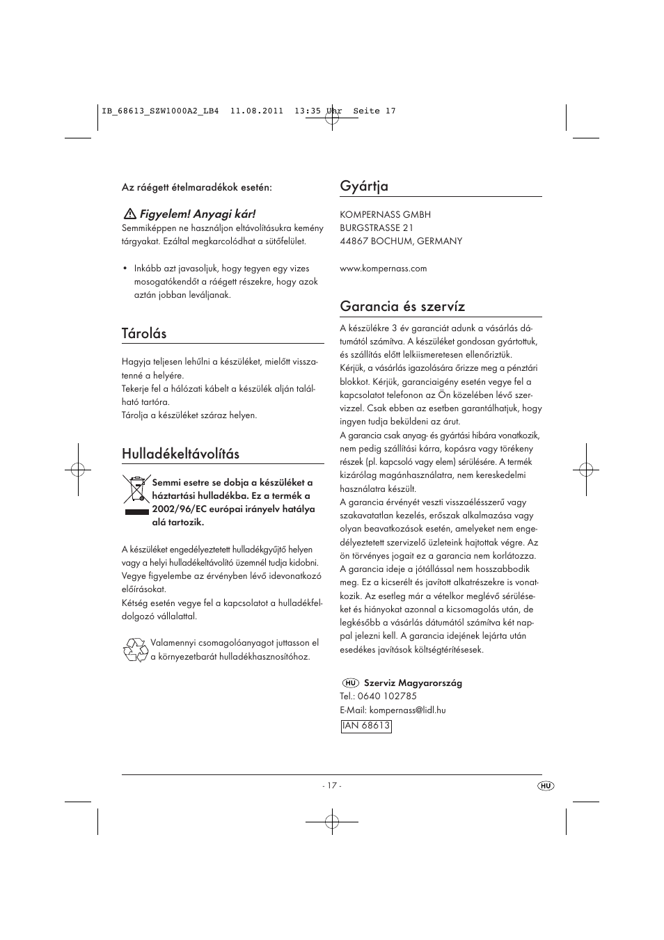 Tárolás, Hulladékeltávolítás, Gyártja | Garancia és szervíz | Silvercrest SZW 1000 A2 User Manual | Page 19 / 44