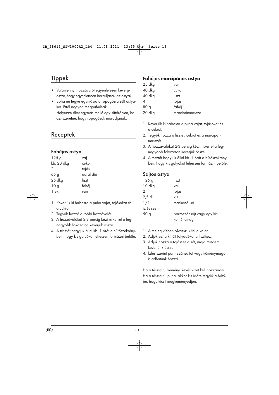 Tippek, Receptek, Fahéjas ostya | Fahéjas-marcipános ostya, Sajtos ostya | Silvercrest SZW 1000 A2 User Manual | Page 20 / 44