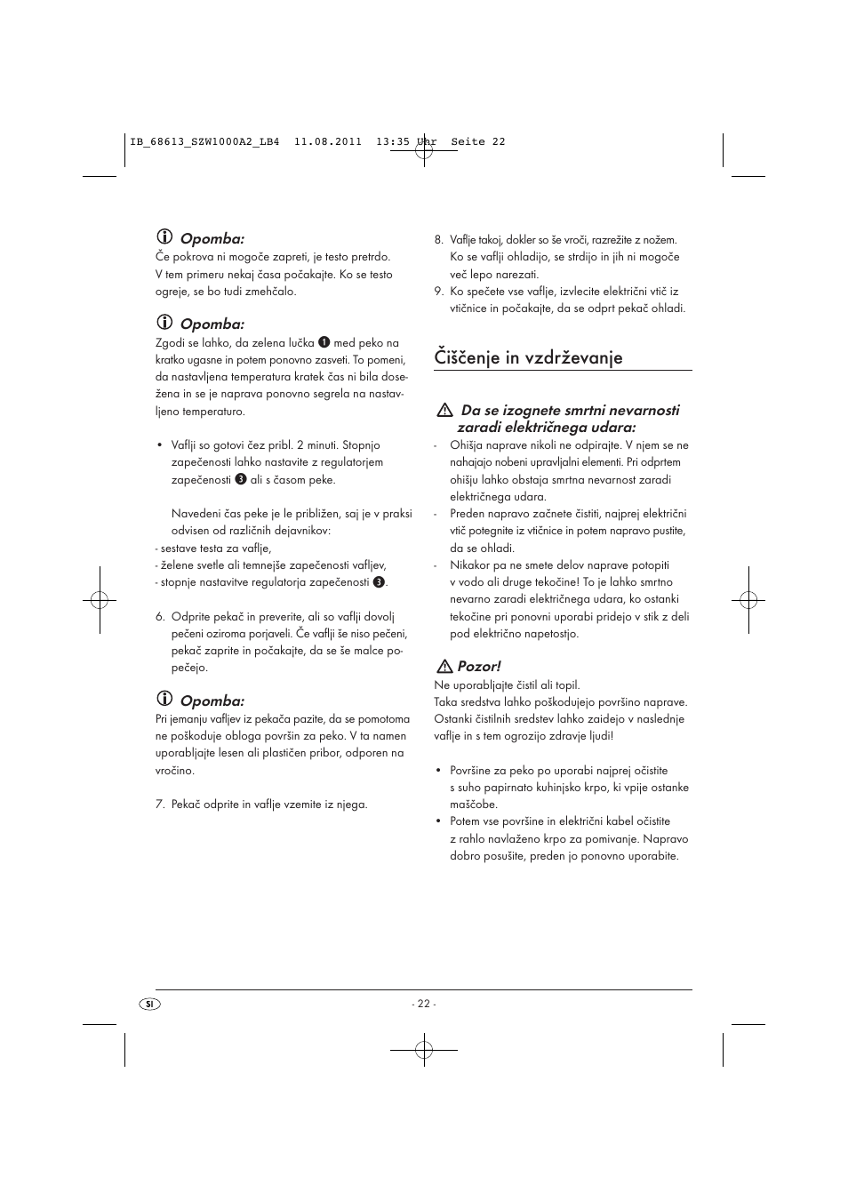 Čiščenje in vzdrževanje, Opomba, Pozor | Silvercrest SZW 1000 A2 User Manual | Page 24 / 44