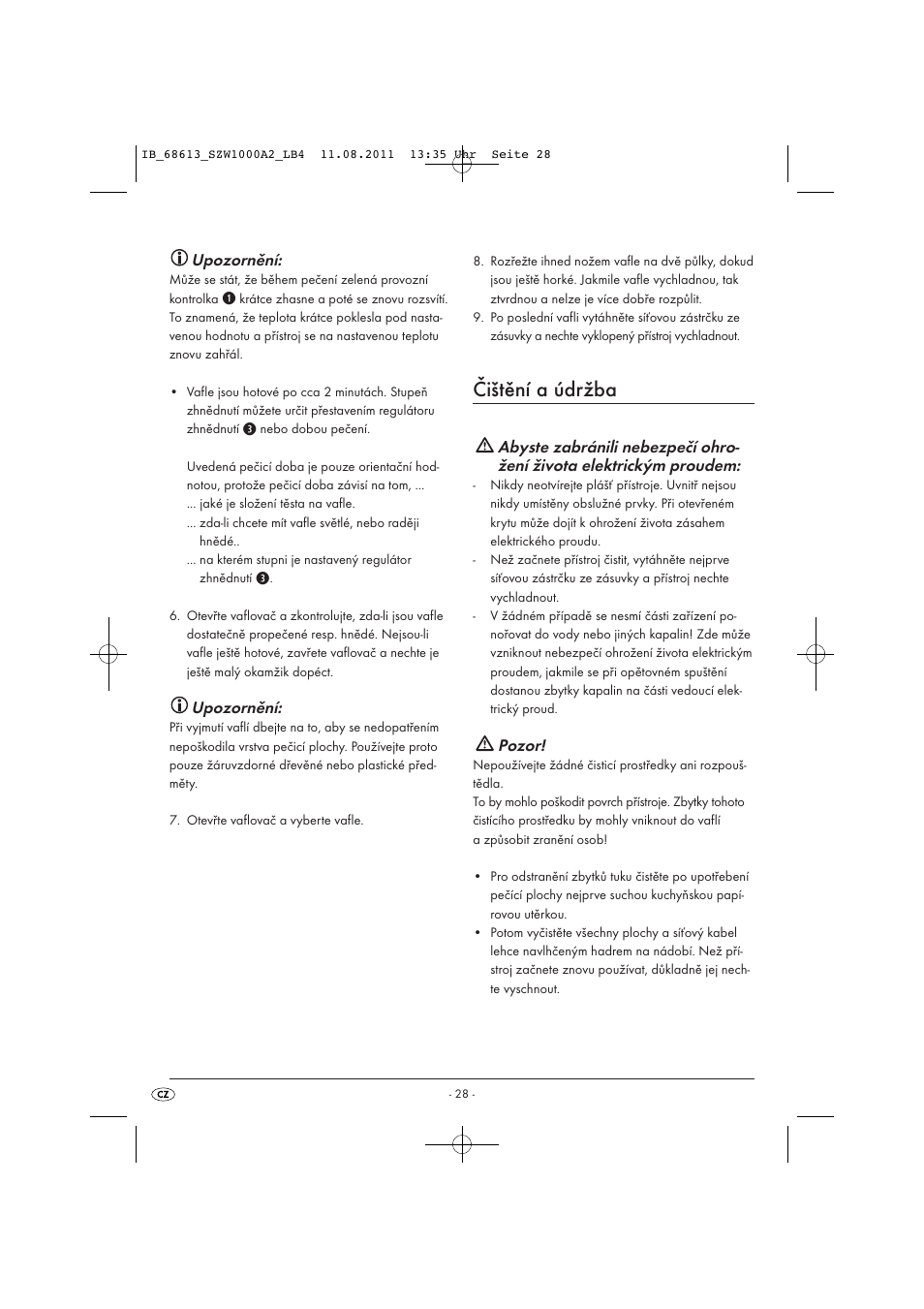 Čištění a údržba, Upozornění, Pozor | Silvercrest SZW 1000 A2 User Manual | Page 30 / 44