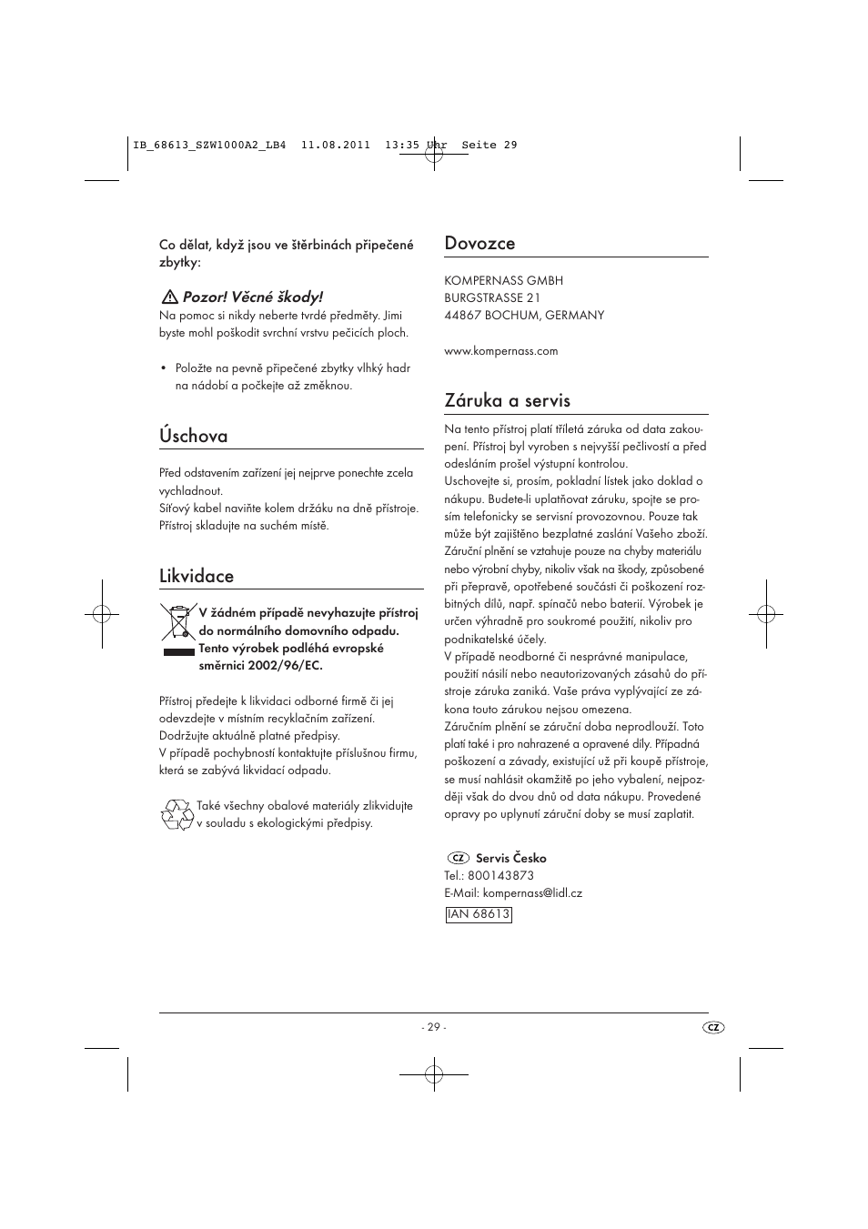 Úschova, Likvidace, Dovozce | Záruka a servis | Silvercrest SZW 1000 A2 User Manual | Page 31 / 44