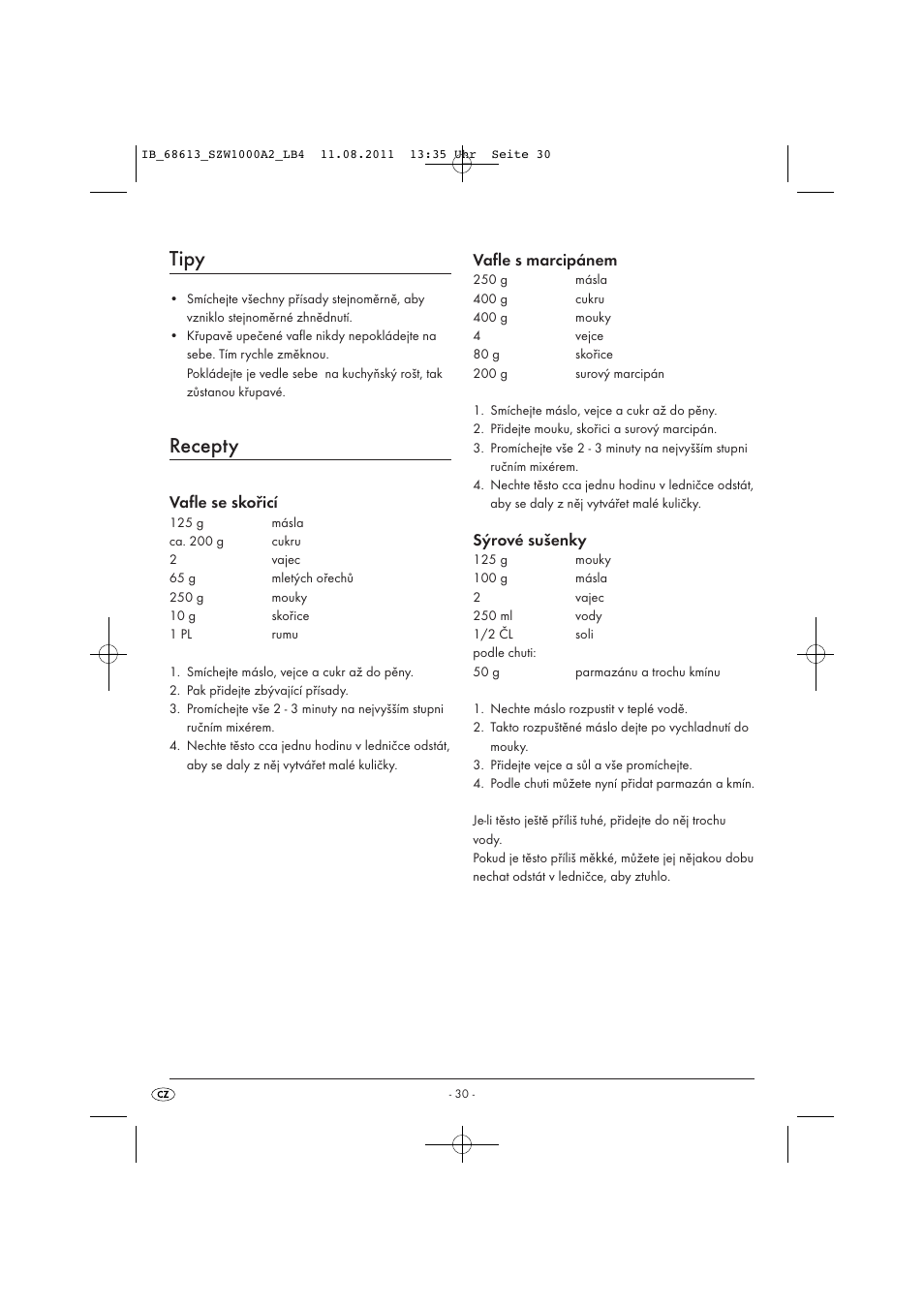 Tipy, Recepty, Vafle se skořicí | Vafle s marcipánem, Sýrové sušenky | Silvercrest SZW 1000 A2 User Manual | Page 32 / 44