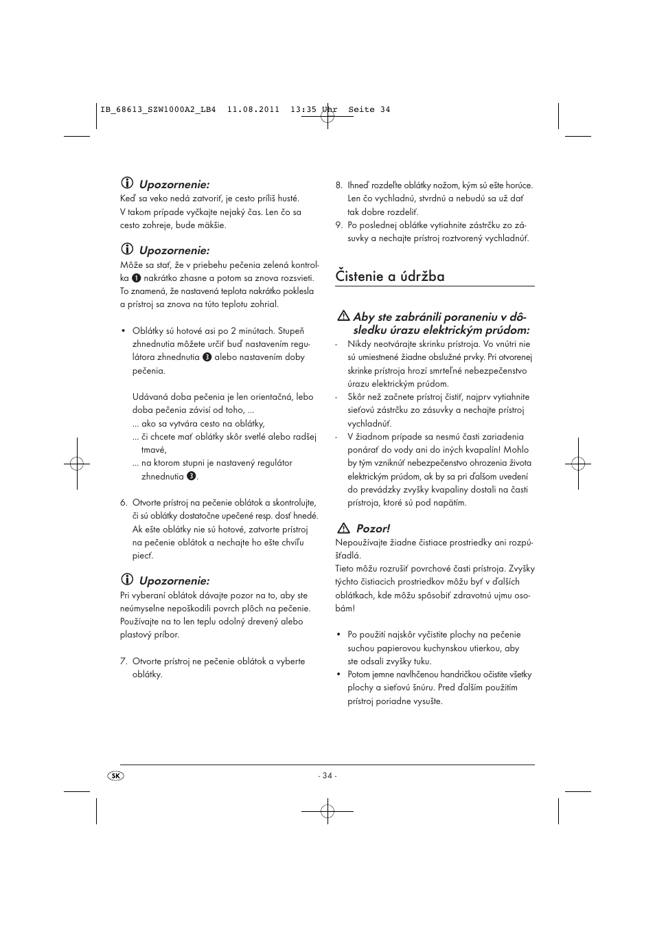 Čistenie a údržba, Upozornenie, Pozor | Silvercrest SZW 1000 A2 User Manual | Page 36 / 44