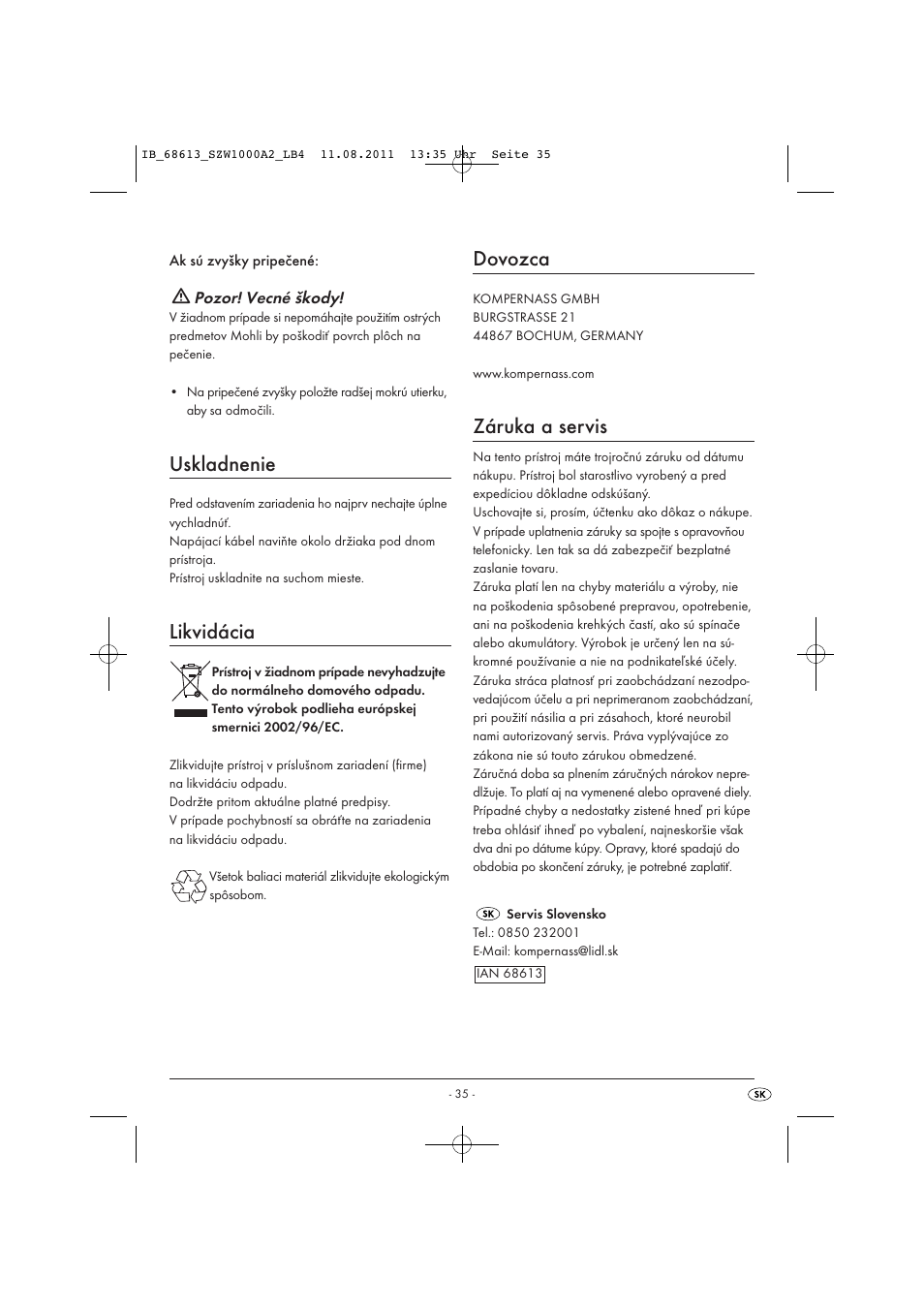 Uskladnenie, Likvidácia, Dovozca | Záruka a servis | Silvercrest SZW 1000 A2 User Manual | Page 37 / 44
