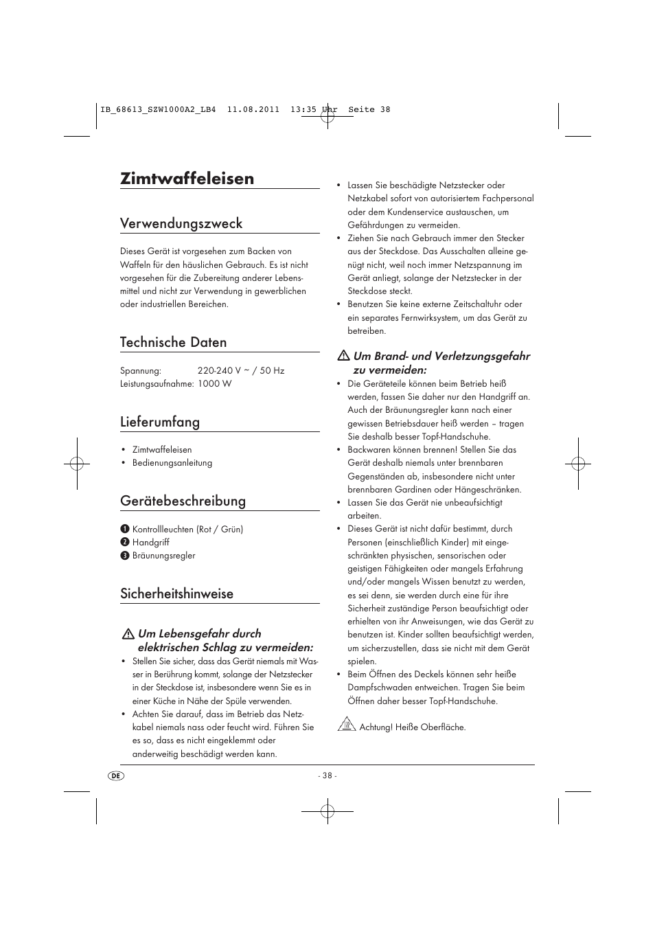 Zimtwaffeleisen, Verwendungszweck, Technische daten | Lieferumfang, Gerätebeschreibung, Sicherheitshinweise | Silvercrest SZW 1000 A2 User Manual | Page 40 / 44