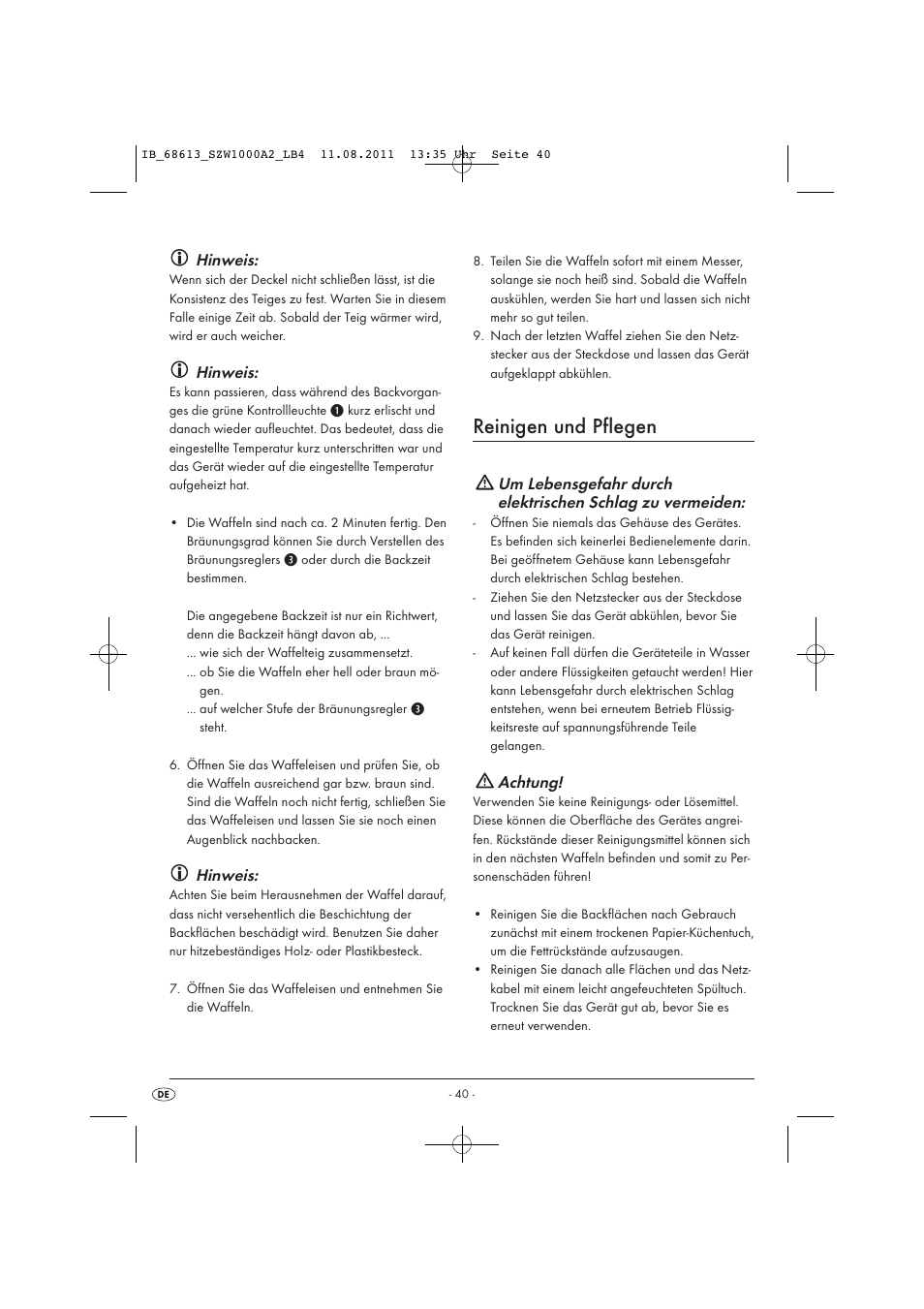 Reinigen und pflegen, Hinweis, Achtung | Silvercrest SZW 1000 A2 User Manual | Page 42 / 44