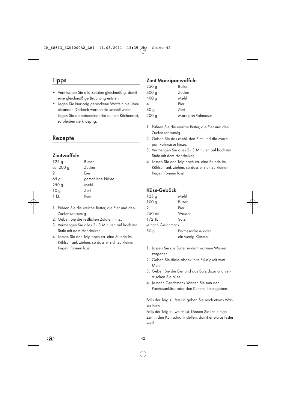 Tipps, Rezepte, Zimtwaffeln | Zimt-marzipanwaffeln, Käse-gebäck | Silvercrest SZW 1000 A2 User Manual | Page 44 / 44