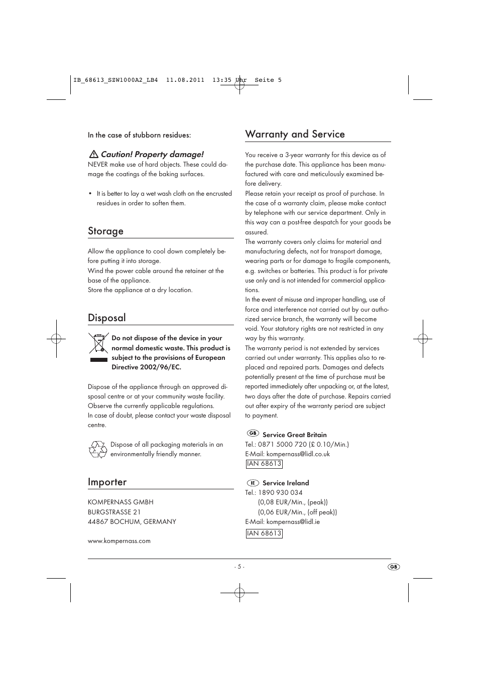 Storage, Disposal, Importer | Warranty and service | Silvercrest SZW 1000 A2 User Manual | Page 7 / 44