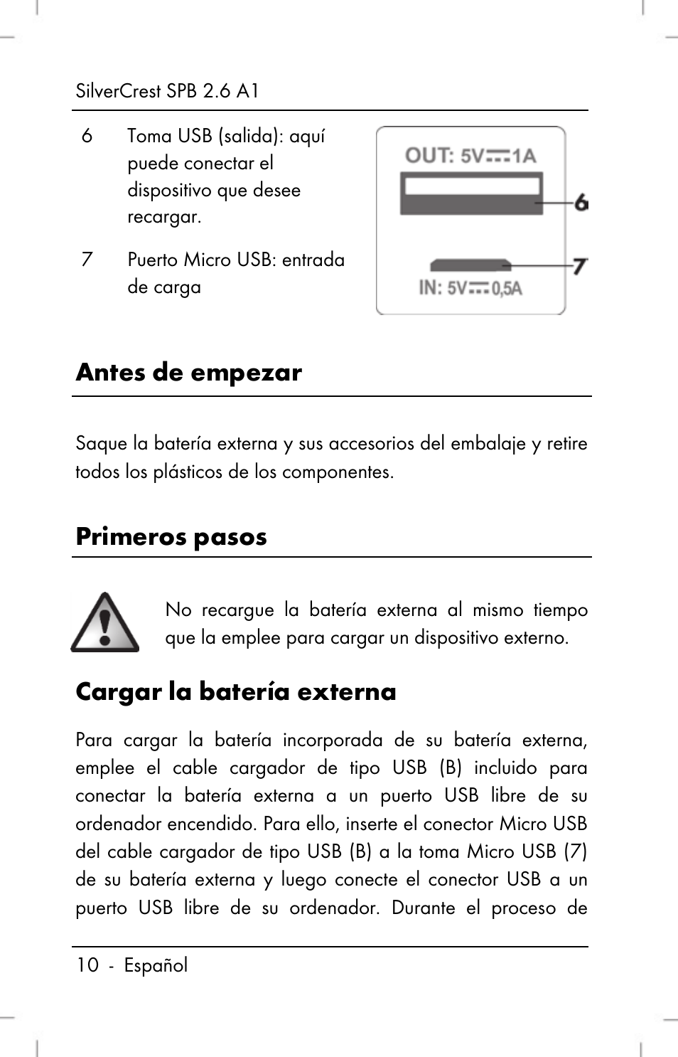 Antes de empezar, Primeros pasos, Cargar la batería externa | Silvercrest SPB 2.6 A1 User Manual | Page 12 / 78