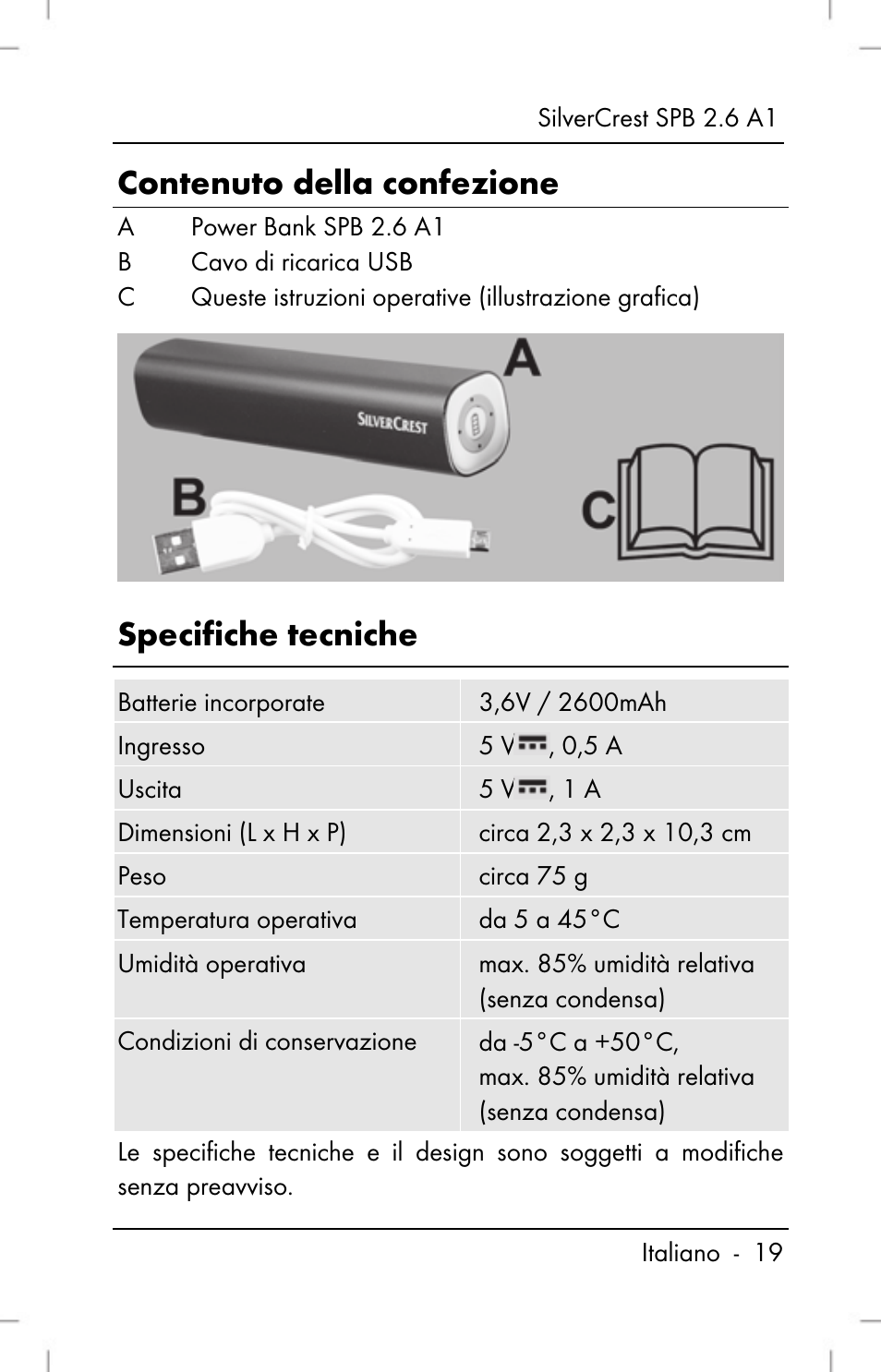 Contenuto della confezione, Specifiche tecniche | Silvercrest SPB 2.6 A1 User Manual | Page 21 / 78