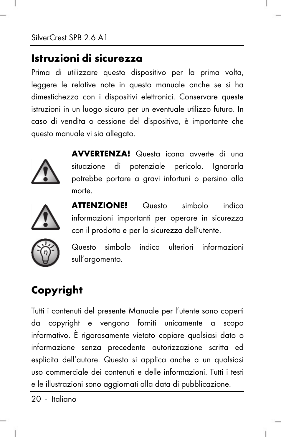 Istruzioni di sicurezza, Copyright | Silvercrest SPB 2.6 A1 User Manual | Page 22 / 78