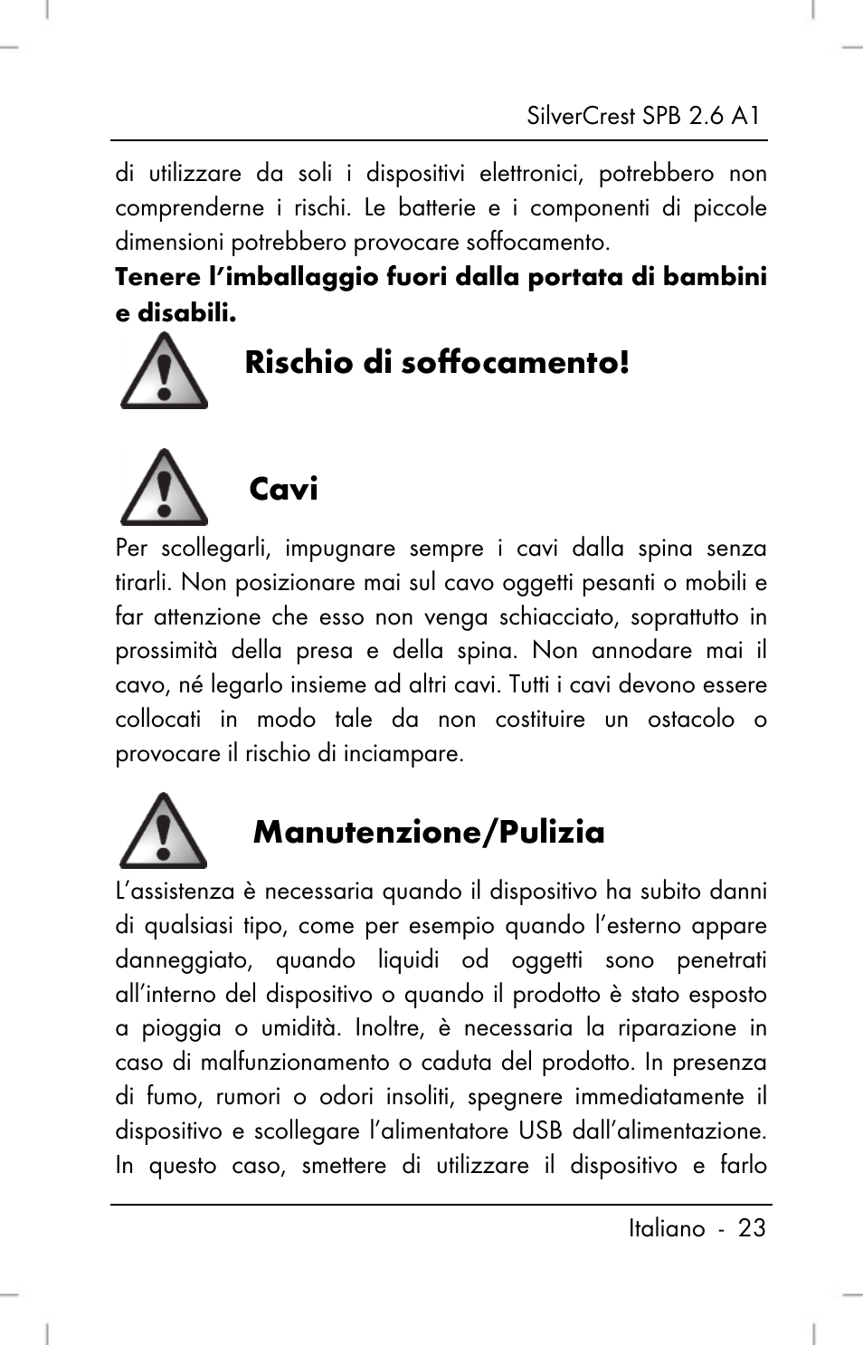 Rischio di soffocamento, Cavi, Manutenzione/pulizia | Silvercrest SPB 2.6 A1 User Manual | Page 25 / 78