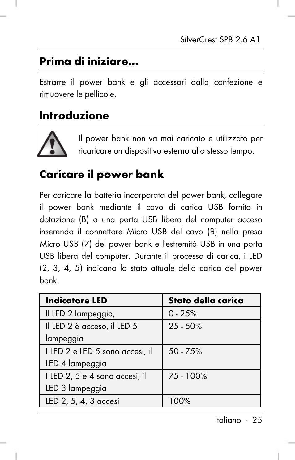 Prima di iniziare, Introduzione, Caricare il power bank | Silvercrest SPB 2.6 A1 User Manual | Page 27 / 78