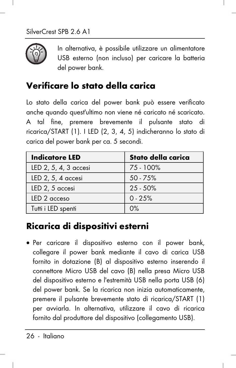 Verificare lo stato della carica, Ricarica di dispositivi esterni | Silvercrest SPB 2.6 A1 User Manual | Page 28 / 78