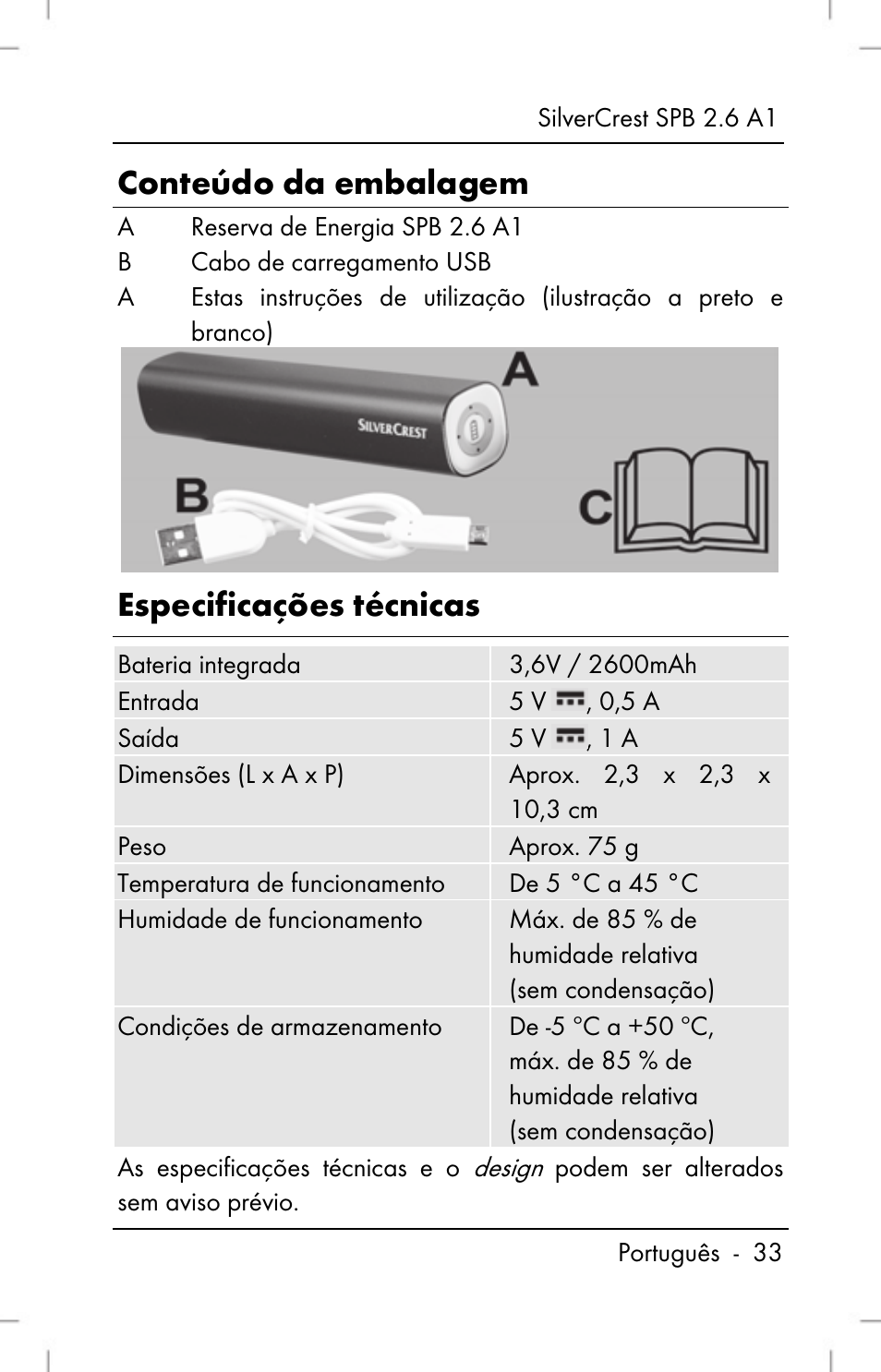 Conteúdo da embalagem, Especificações técnicas | Silvercrest SPB 2.6 A1 User Manual | Page 35 / 78