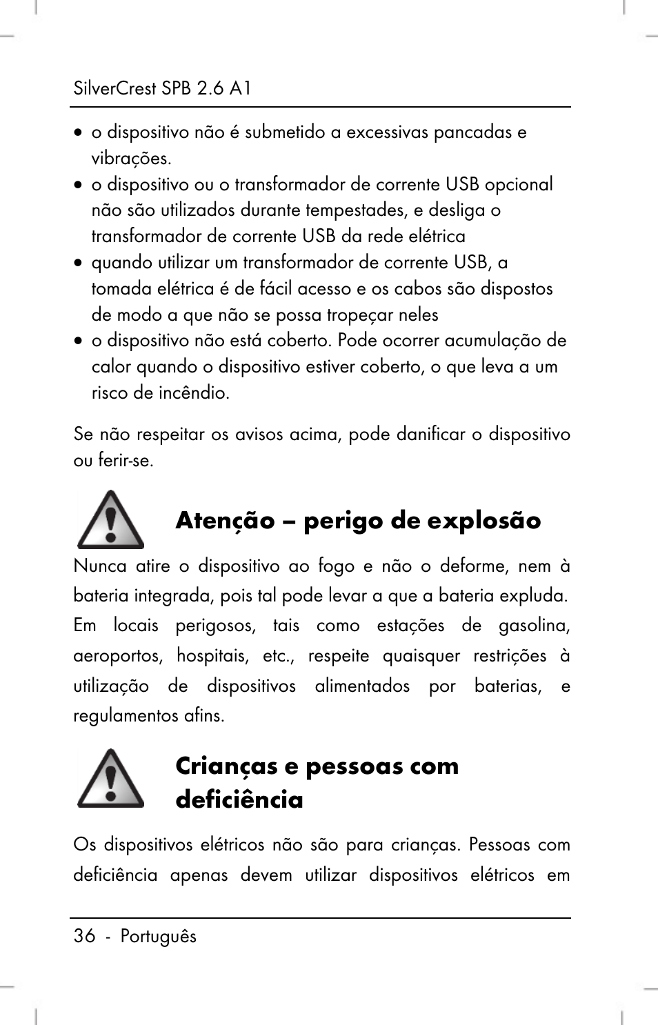 Atenção – perigo de explosão, Crianças e pessoas com deficiência | Silvercrest SPB 2.6 A1 User Manual | Page 38 / 78