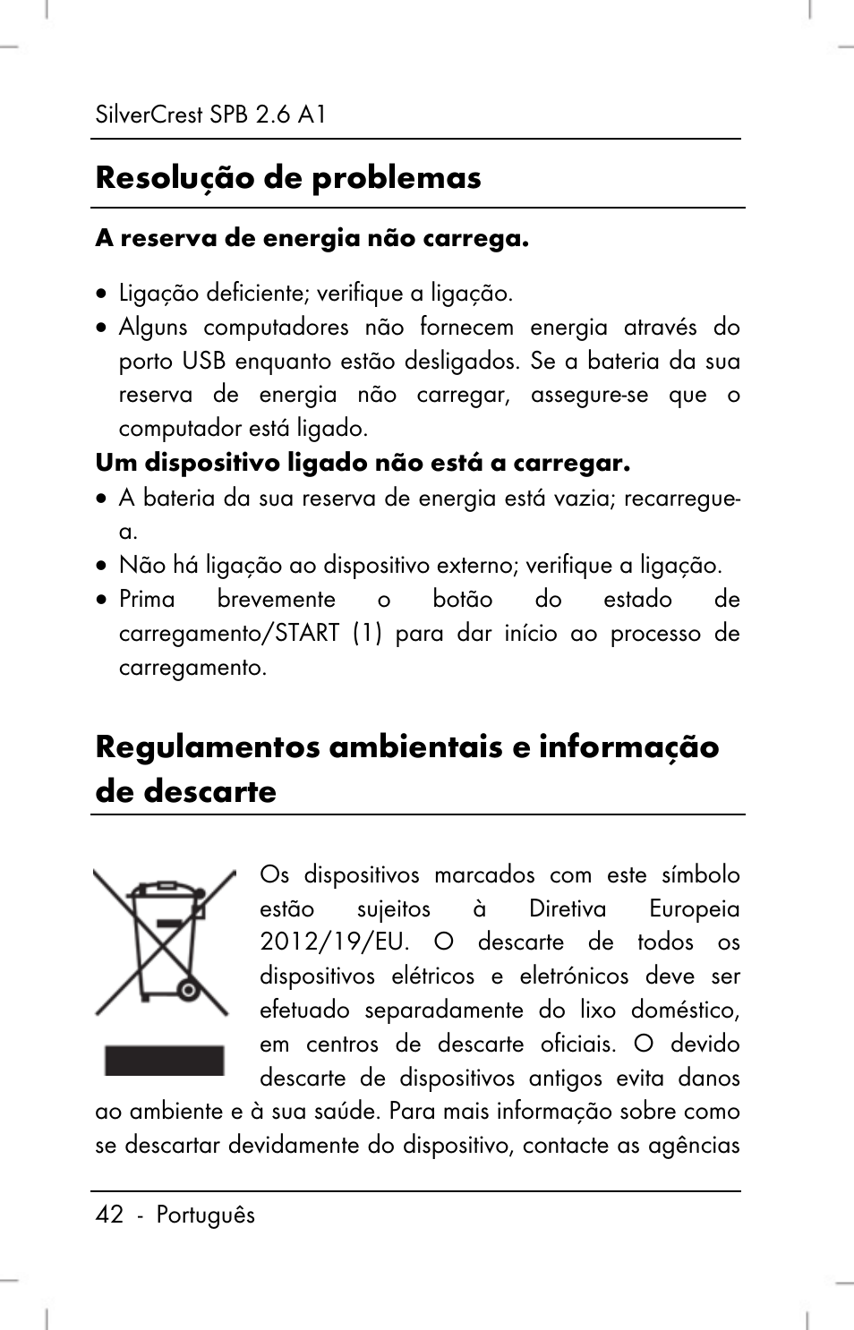 Resolução de problemas, Regulamentos ambientais e informação de descarte | Silvercrest SPB 2.6 A1 User Manual | Page 44 / 78