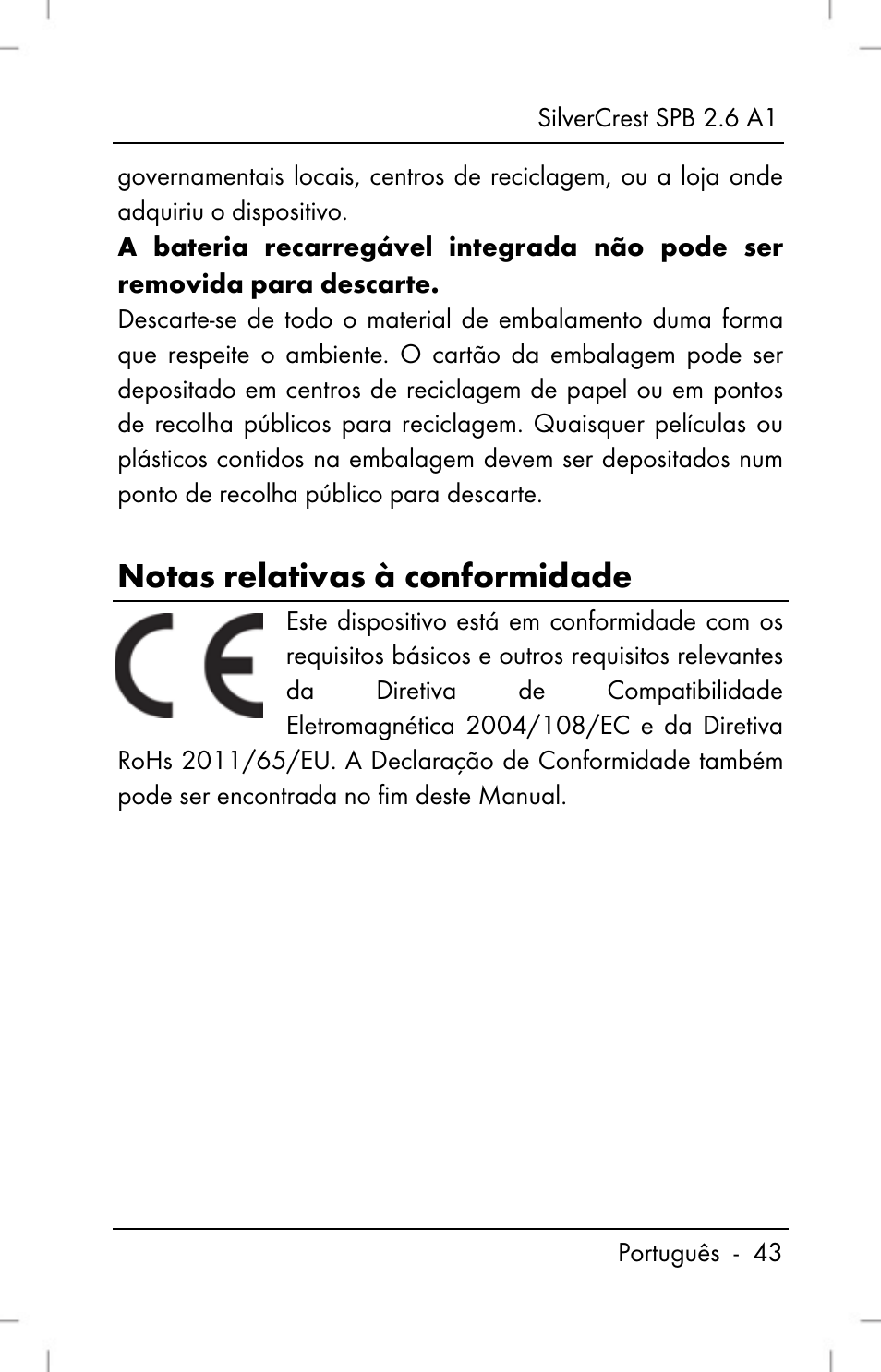 Notas relativas à conformidade | Silvercrest SPB 2.6 A1 User Manual | Page 45 / 78