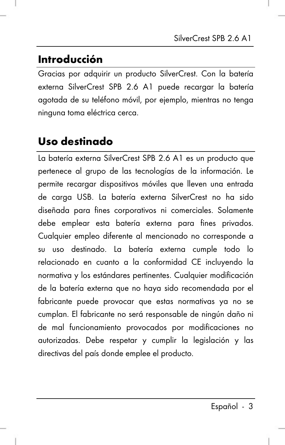 Introducción, Uso destinado | Silvercrest SPB 2.6 A1 User Manual | Page 5 / 78