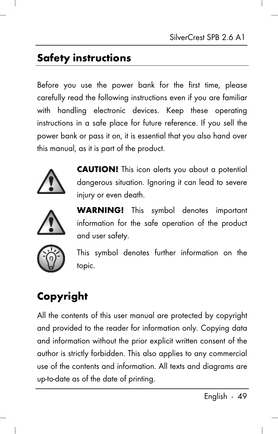 Safety instructions, Copyright | Silvercrest SPB 2.6 A1 User Manual | Page 51 / 78