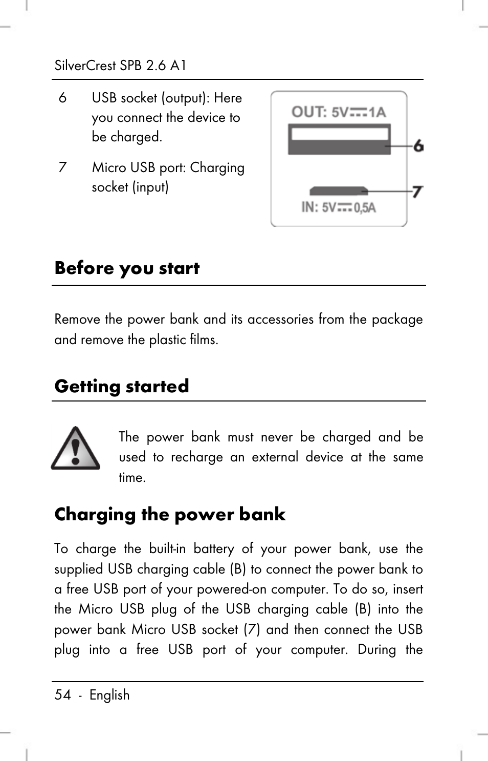 Before you start, Getting started, Charging the power bank | Silvercrest SPB 2.6 A1 User Manual | Page 56 / 78