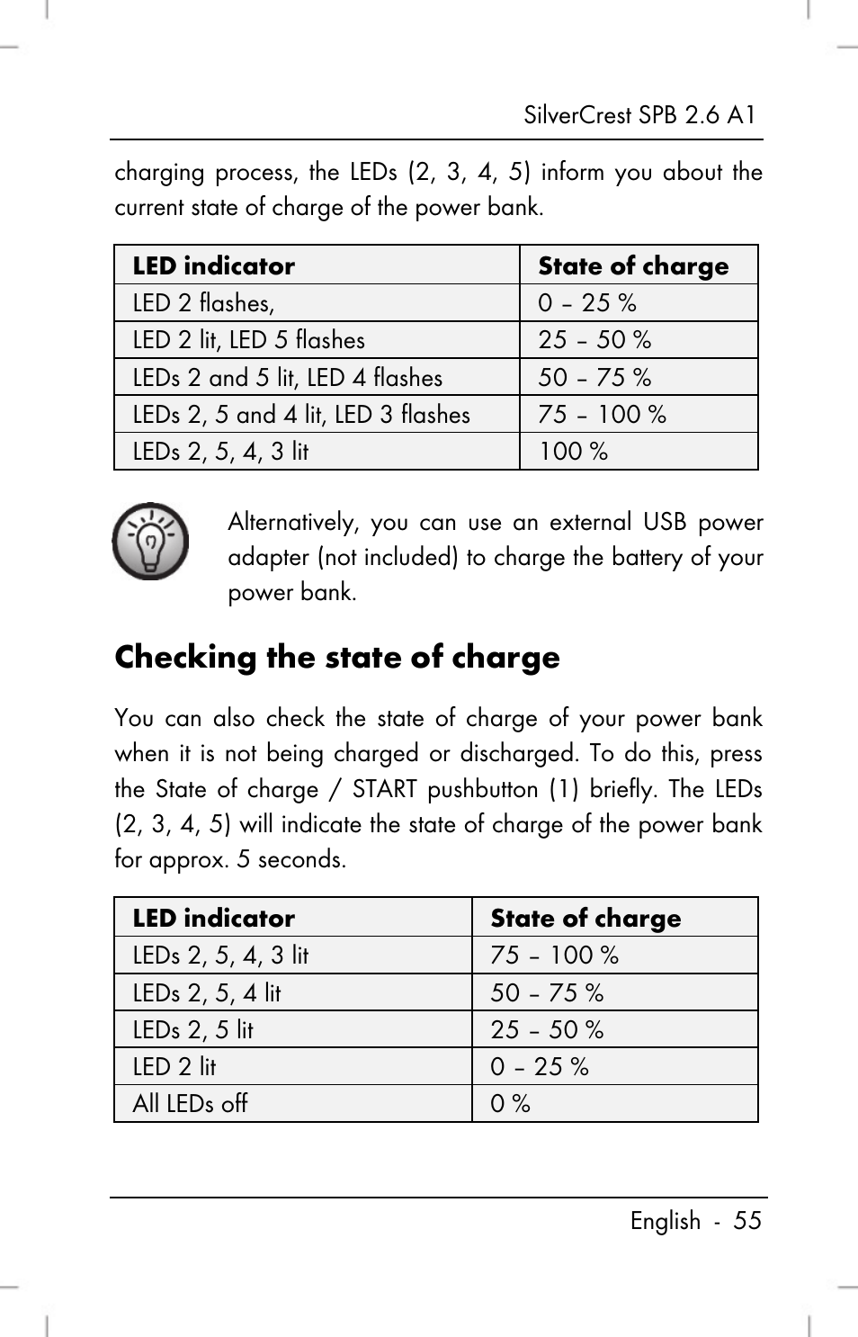Checking the state of charge | Silvercrest SPB 2.6 A1 User Manual | Page 57 / 78