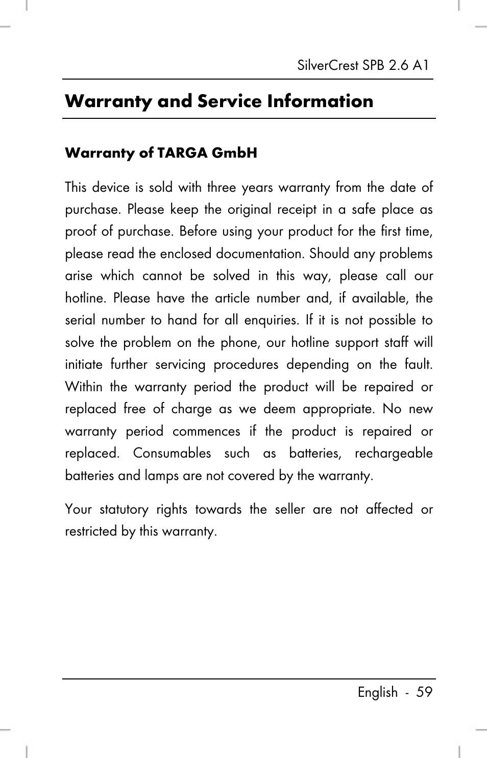 Warranty and service information | Silvercrest SPB 2.6 A1 User Manual | Page 61 / 78