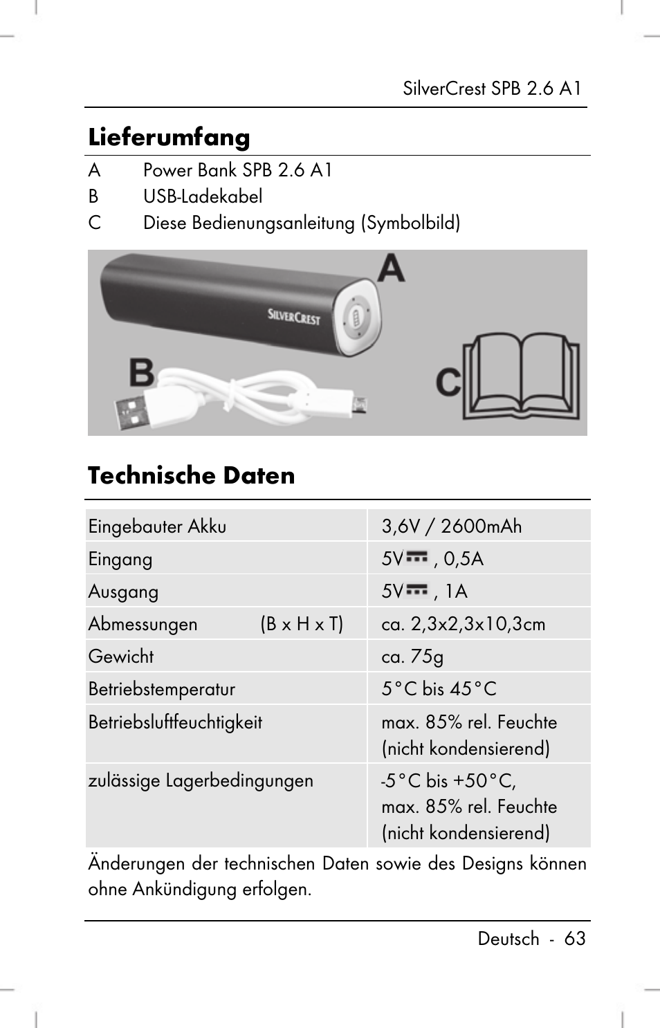 Lieferumfang, Technische daten | Silvercrest SPB 2.6 A1 User Manual | Page 65 / 78