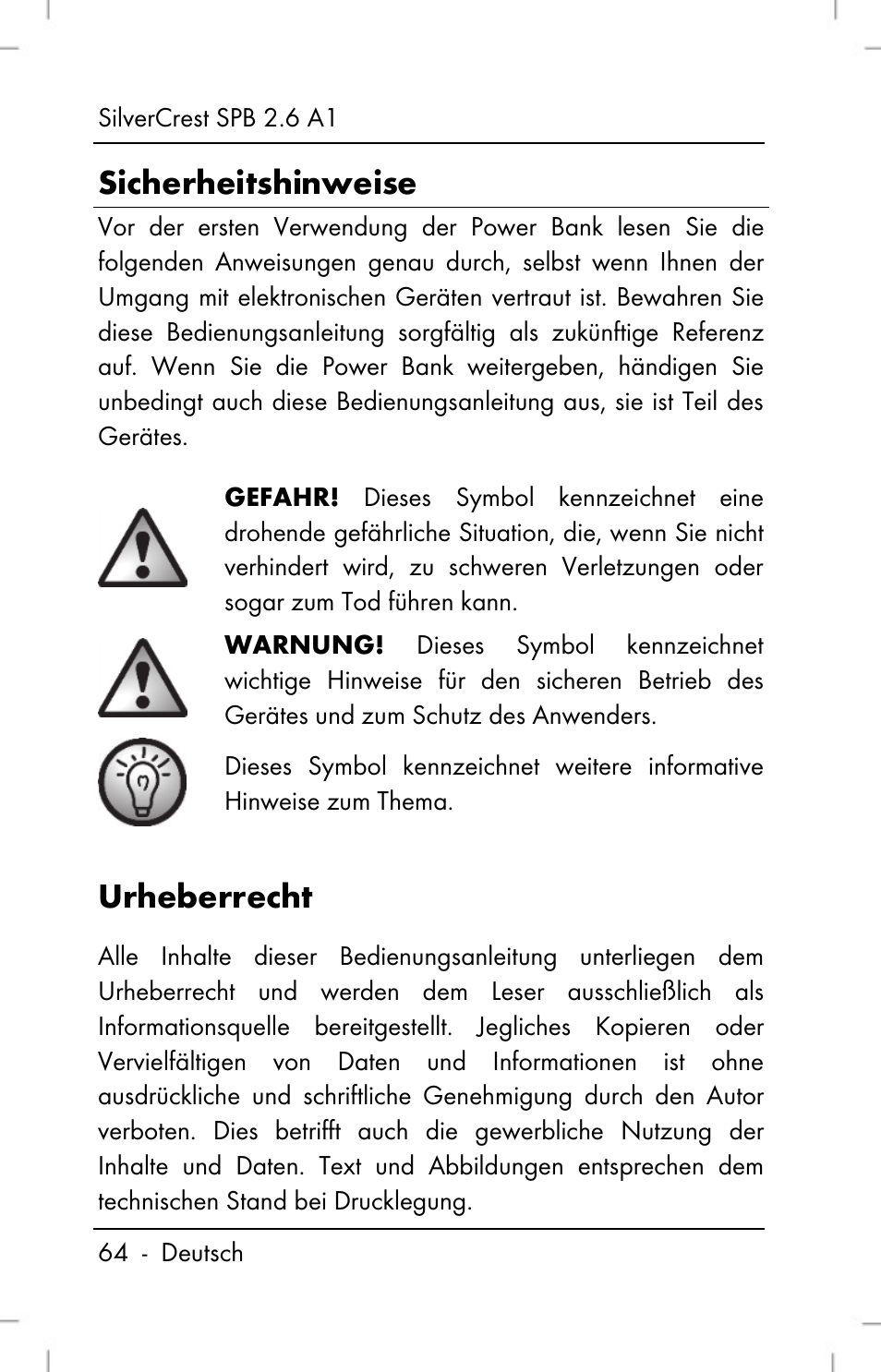 Sicherheitshinweise, Urheberrecht | Silvercrest SPB 2.6 A1 User Manual | Page 66 / 78