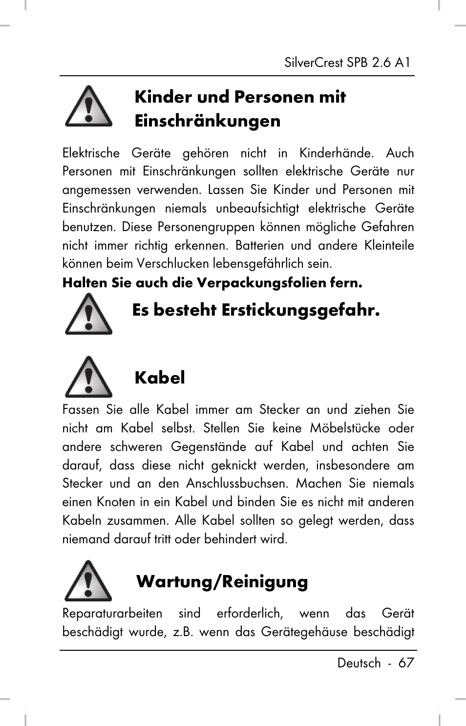 Kinder und personen mit einschränkungen, Es besteht erstickungsgefahr, Kabel | Wartung/reinigung | Silvercrest SPB 2.6 A1 User Manual | Page 69 / 78