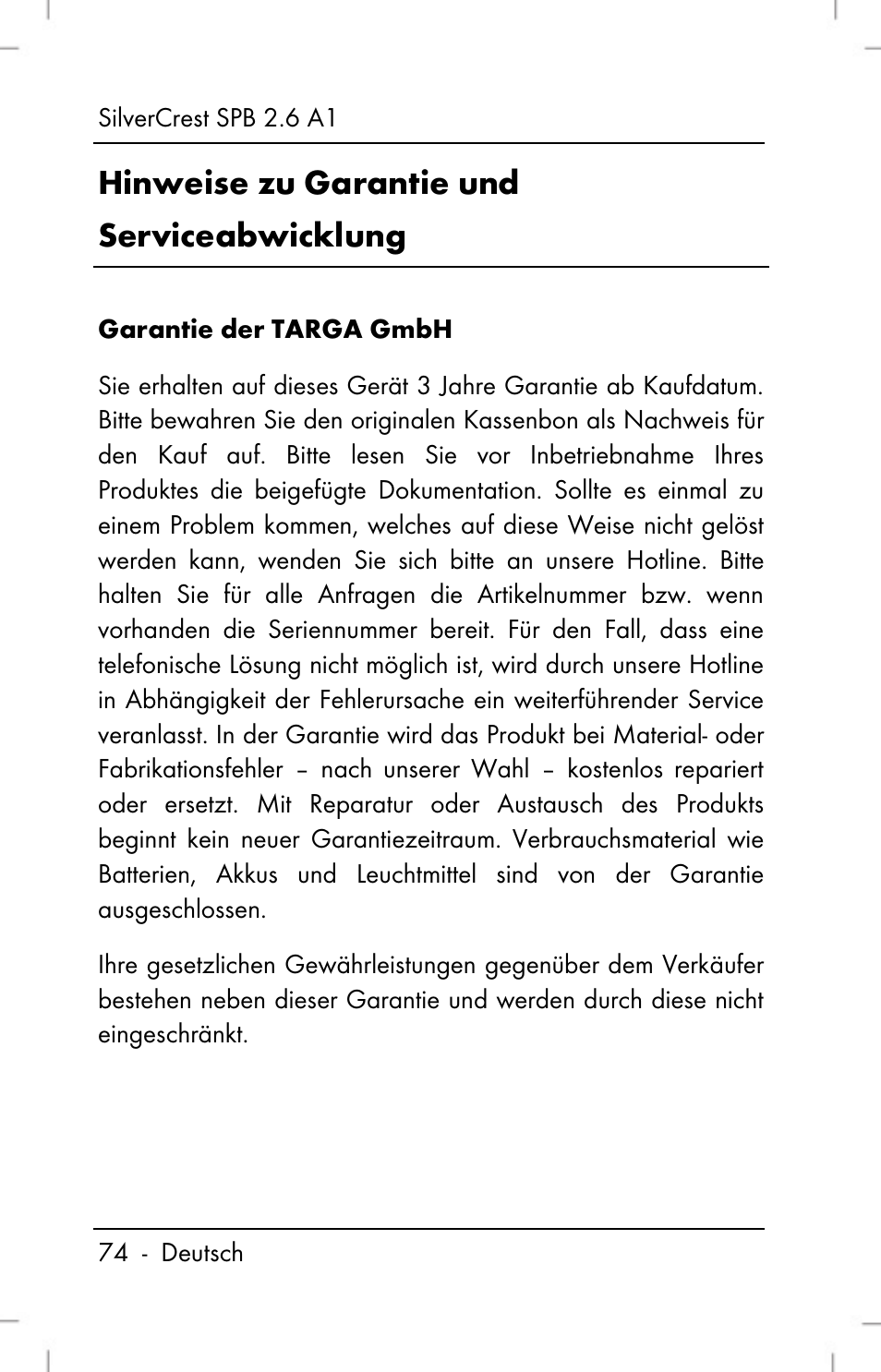 Hinweise zu garantie und serviceabwicklung | Silvercrest SPB 2.6 A1 User Manual | Page 76 / 78
