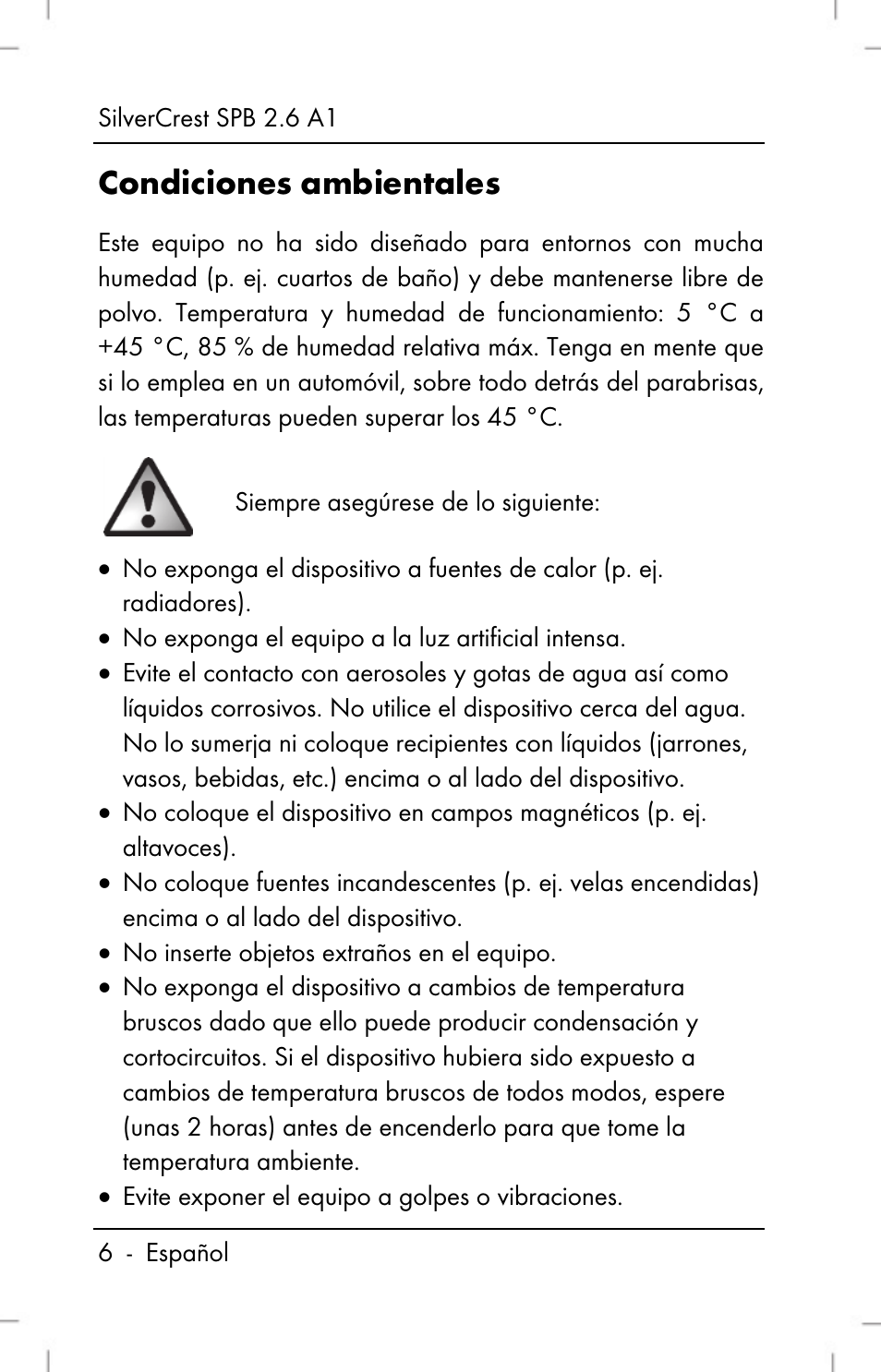 Condiciones ambientales | Silvercrest SPB 2.6 A1 User Manual | Page 8 / 78