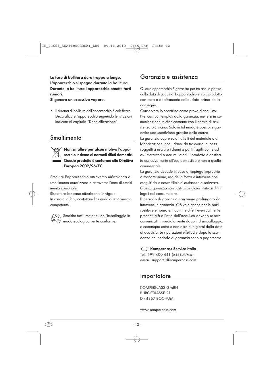 Smaltimento, Garanzia e assistenza, Importatore | Silvercrest SKAT 1000 EDS A1 User Manual | Page 14 / 33