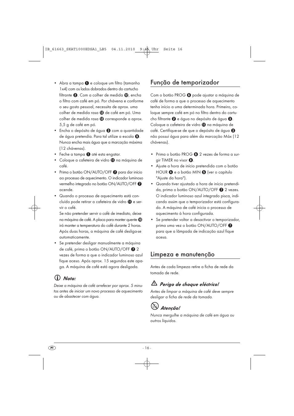 Função de temporizador, Limpeza e manutenção, Nota | Perigo de choque eléctrico, Atenção | Silvercrest SKAT 1000 EDS A1 User Manual | Page 18 / 33